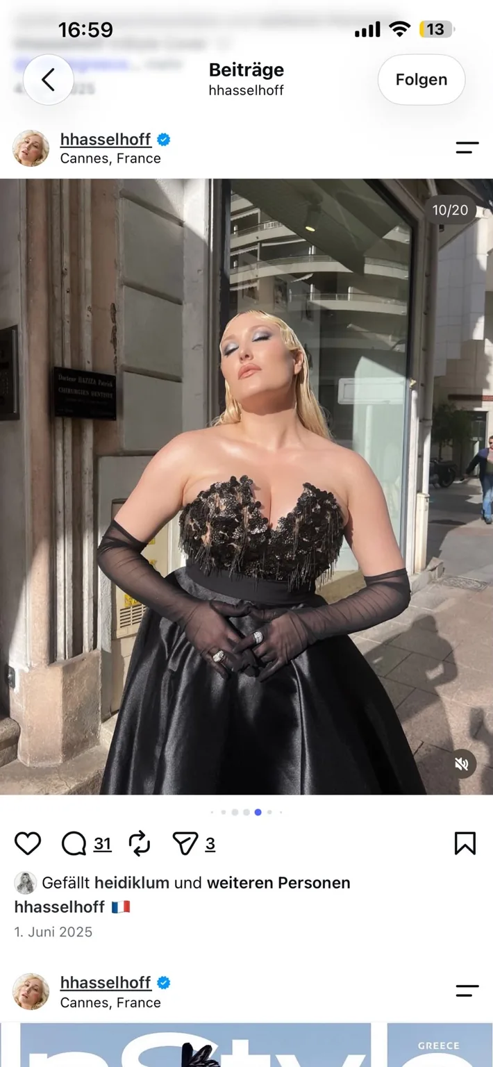 Black gown with embellished bodice and sheer gloves