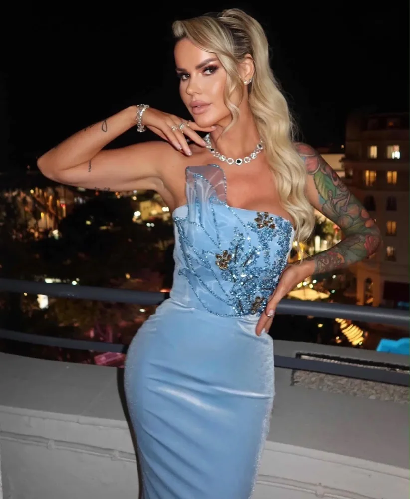 Powder blue evening couture