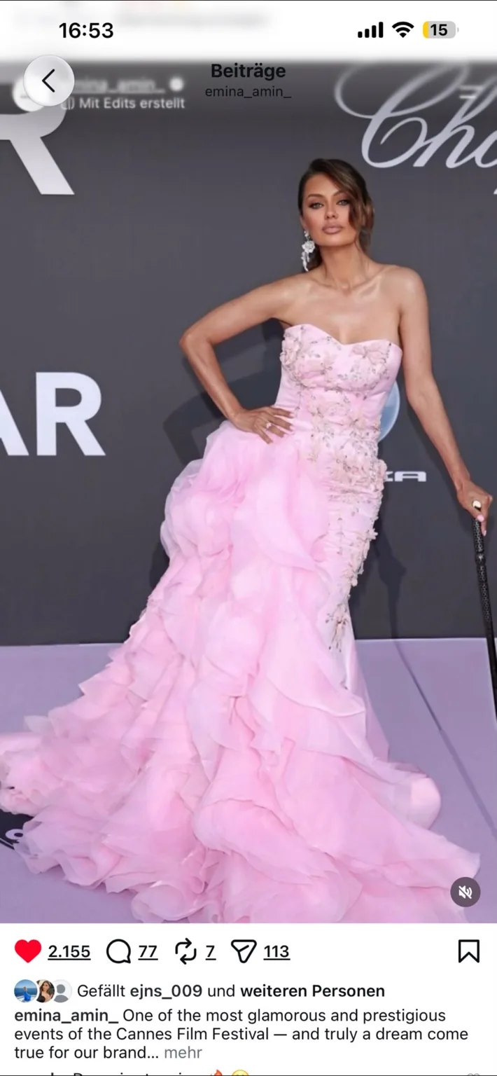 Pink embellished couture gown with cascading ruffles