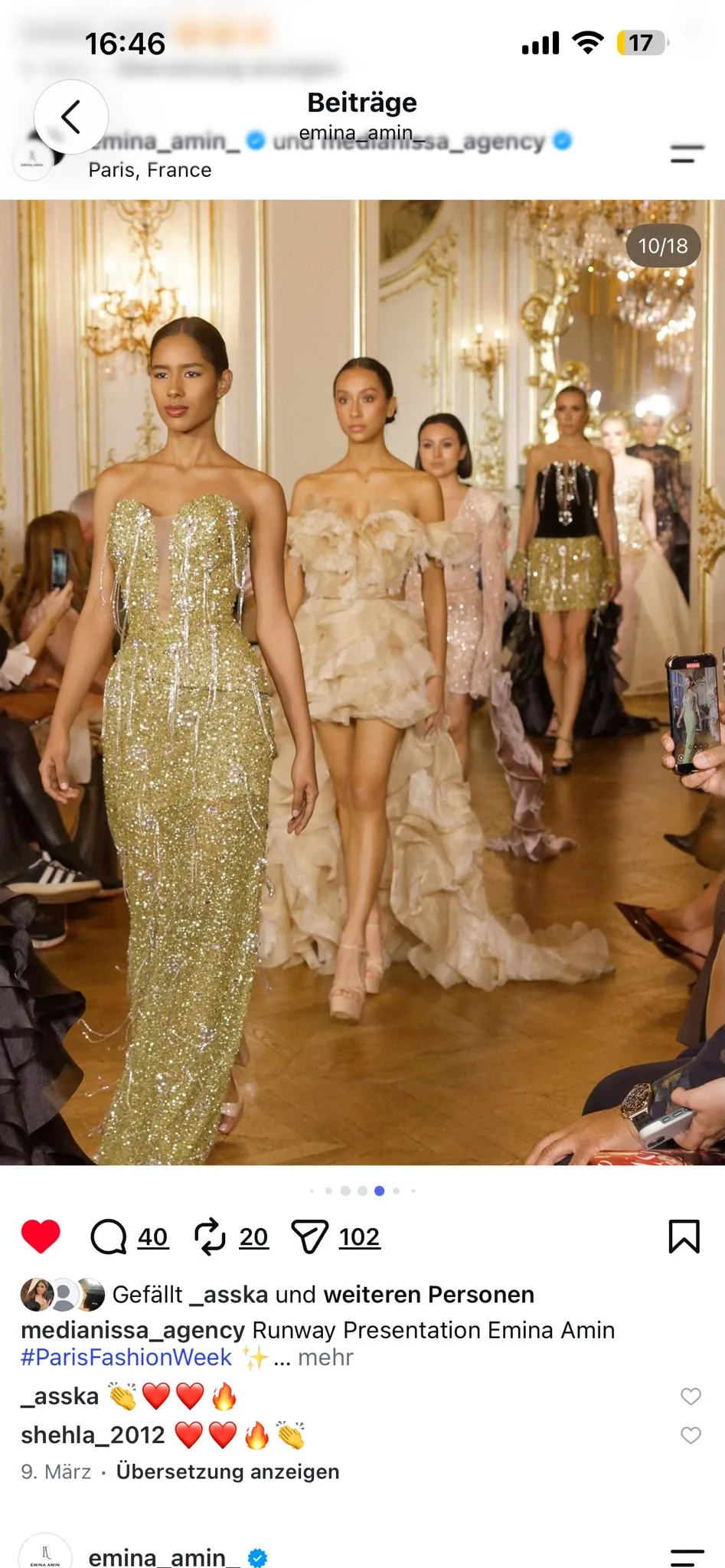 Gold embellished gown followed by ivory and blush looks on the runway