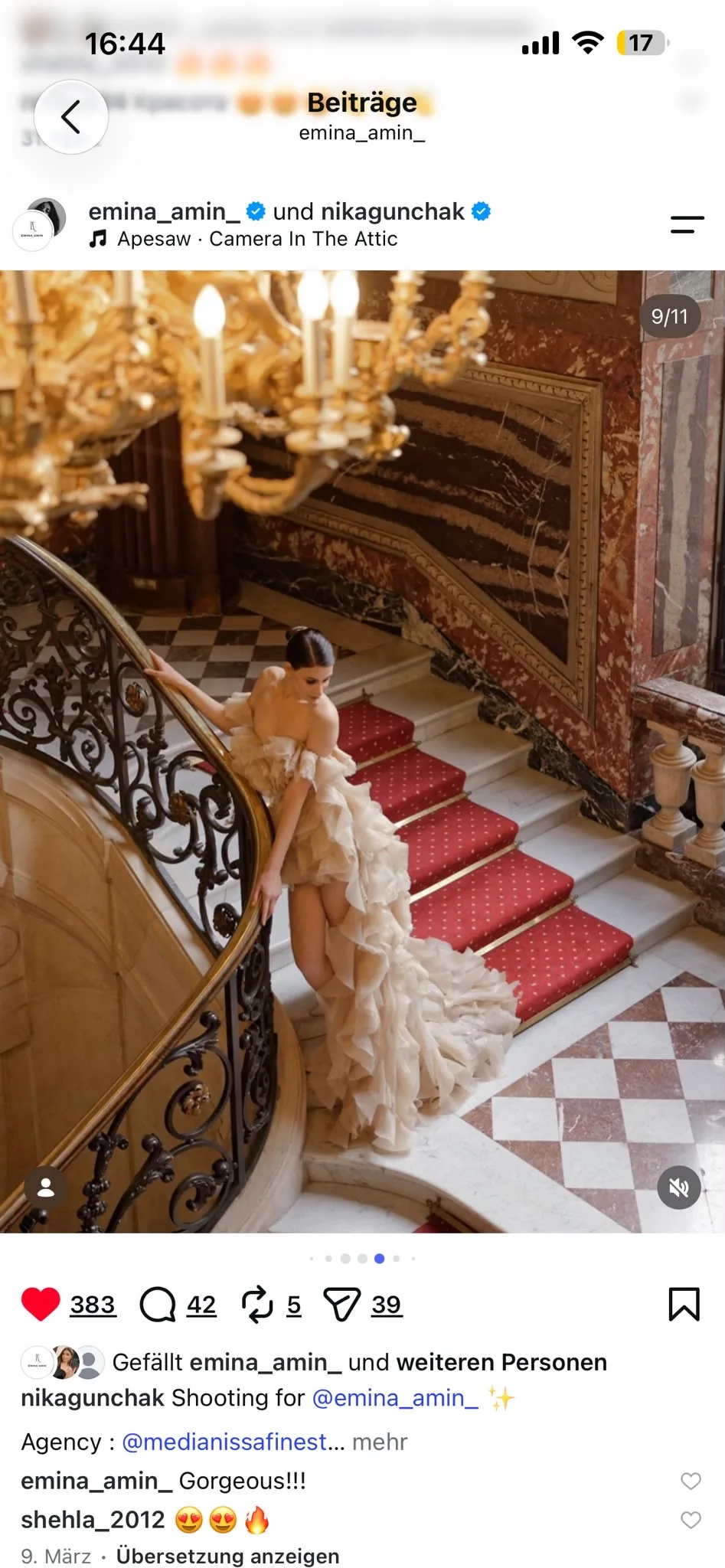Ivory ruffled couture gown on the curved staircase