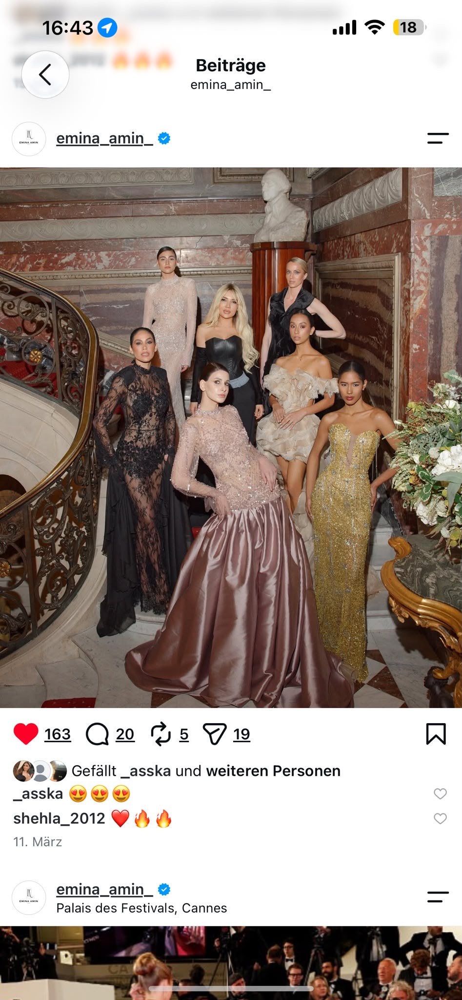 Emina Amin and models wearing evening couture on the staircase in Paris