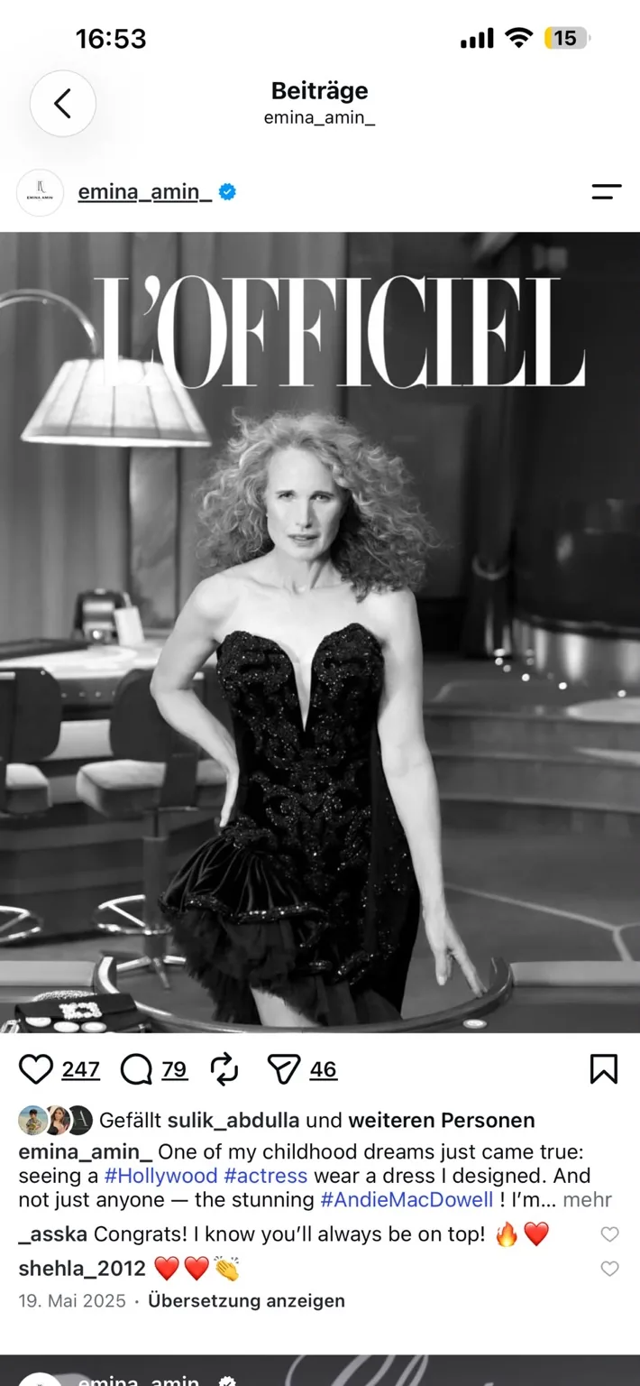 L’OFFICIEL photograph of Andie MacDowell wearing a black Emina Amin dress